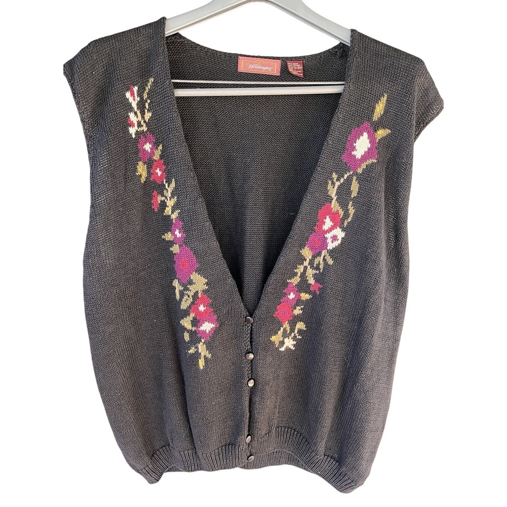 VTG 90s‎ Women's Large Black Floral Knit Grandma Core Fall Sweater Vest
